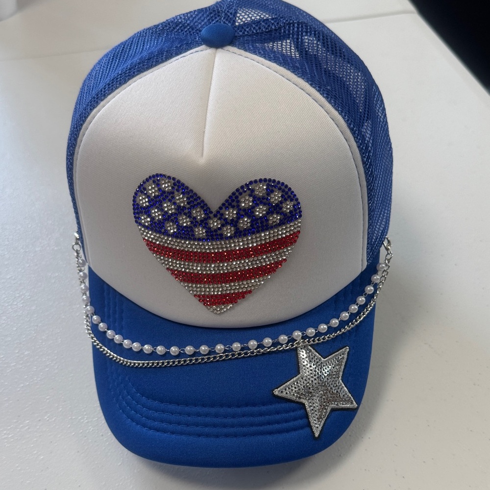 Blue and White Cap with Heart and Star Design